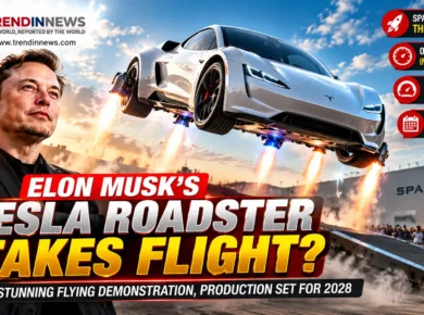 Elon Musk Tesla Roadster flying demonstration with SpaceX-inspired thrusters and expected 2028 production.