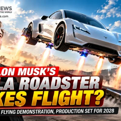 Elon Musk Tesla Roadster flying demonstration with SpaceX-inspired thrusters and expected 2028 production.